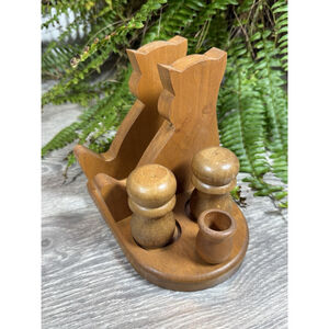 Vintage Cat Shaped Wooden Napkin Holder Salt Pepper Shakers Toothpick Holder Set